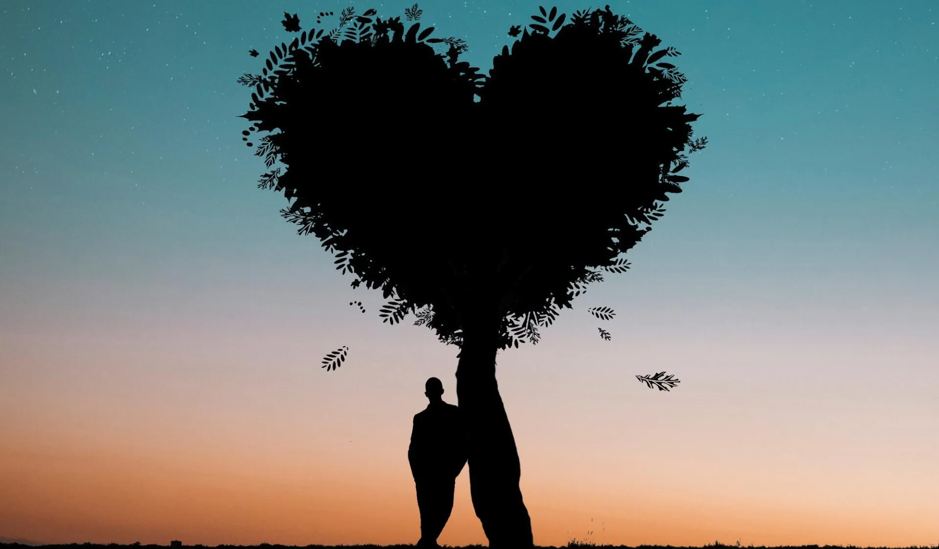 Silhouette of person under heart-shaped tree against sunset sky.